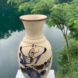 Signed Vintage 11" TONALA Vase Mexican Art Hand-Painted Pottery Toucan Design